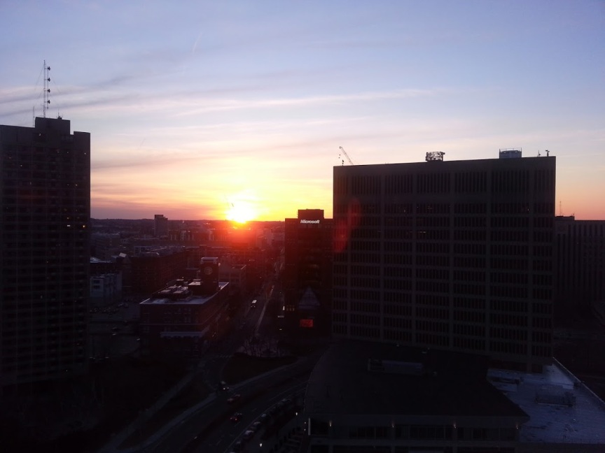 The sun setting over Kendall Square.